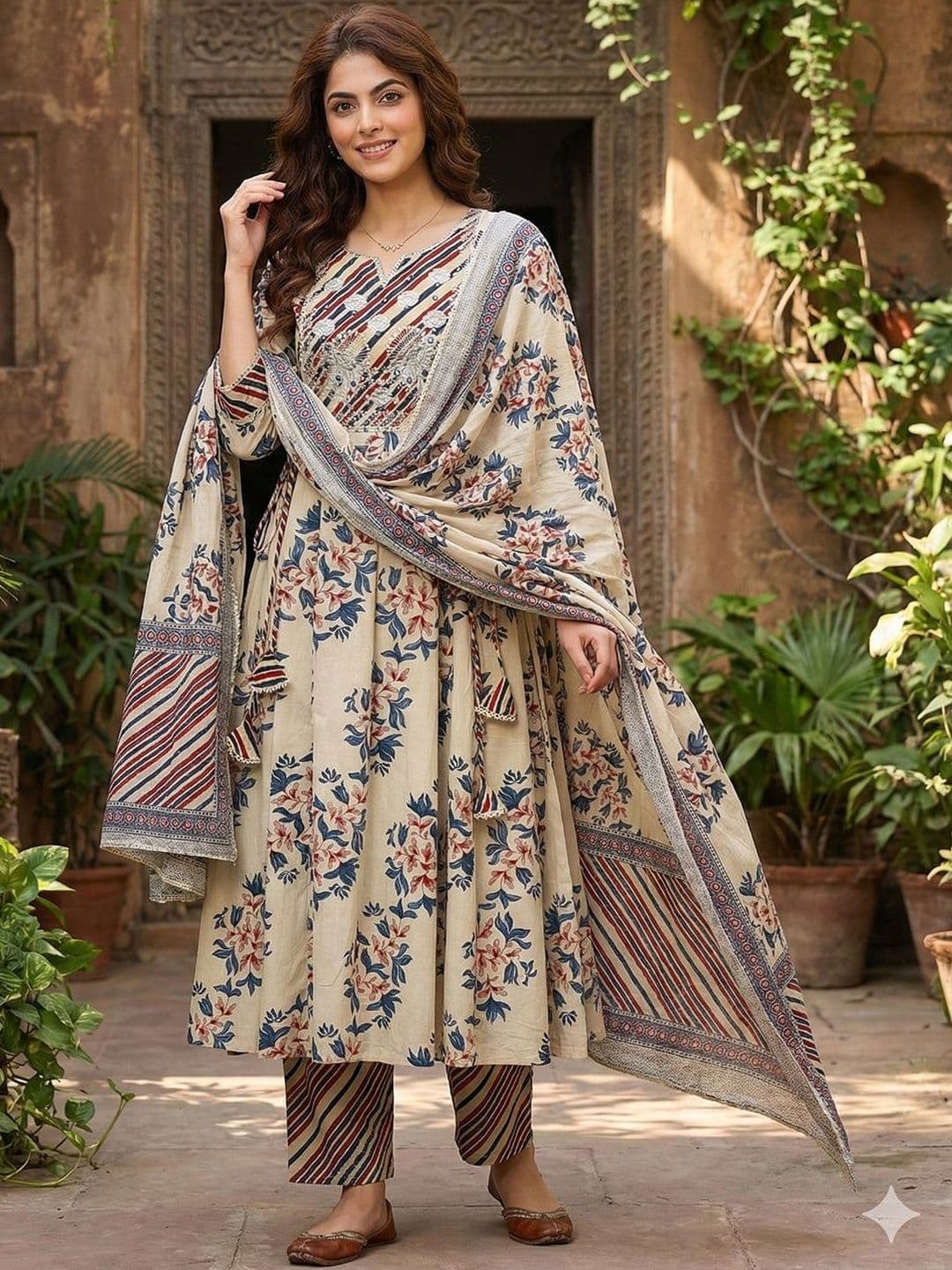 Anouk Women Floral Printed Empire Pure Cotton Kurta with Trousers & With Dupatta - view 1