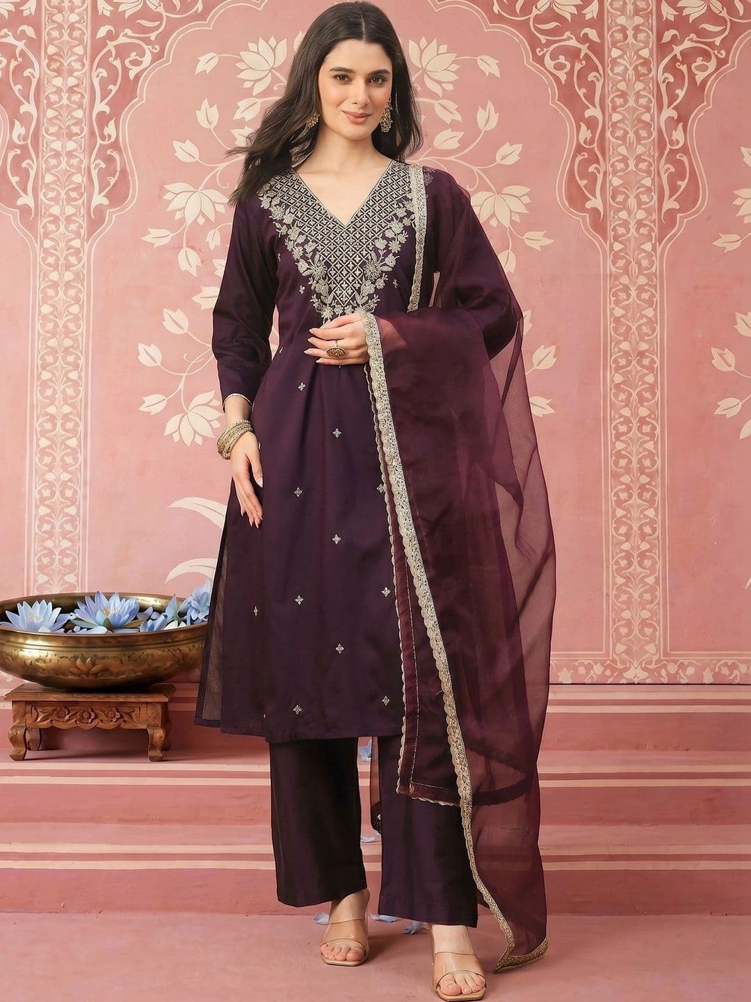 NAVYAAZRI Women Ethnic Motifs Embroidered Regular Kurta with Trousers & With Dupatta - view 1