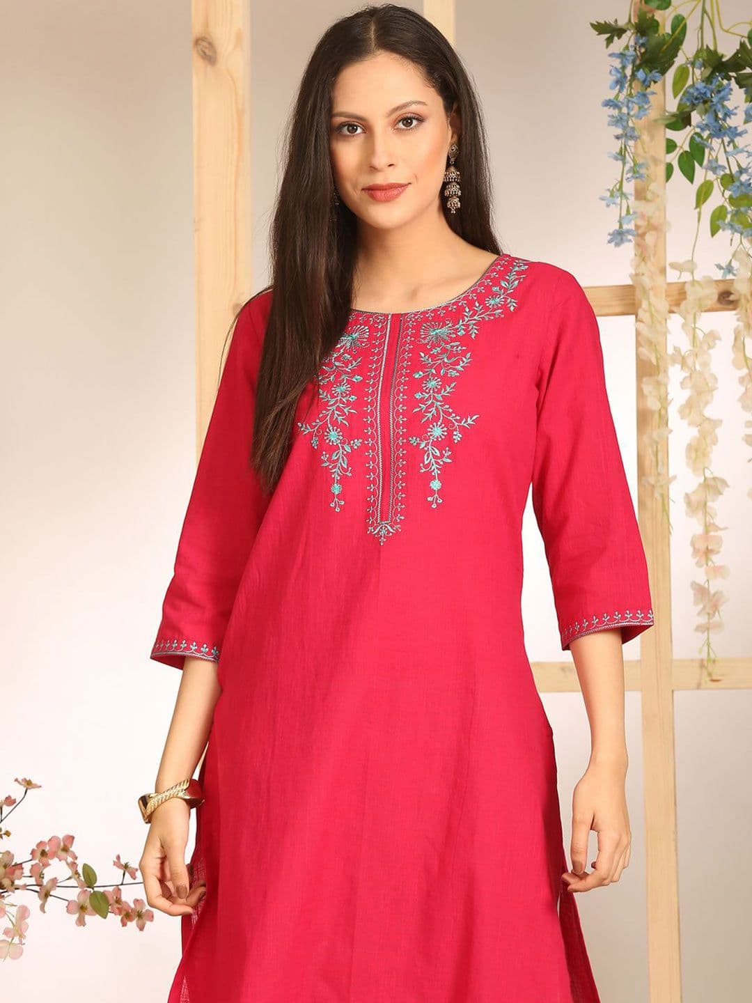 Anouk Women Floral Yoke Design Thread Work Pure Cotton Kurta - view 1