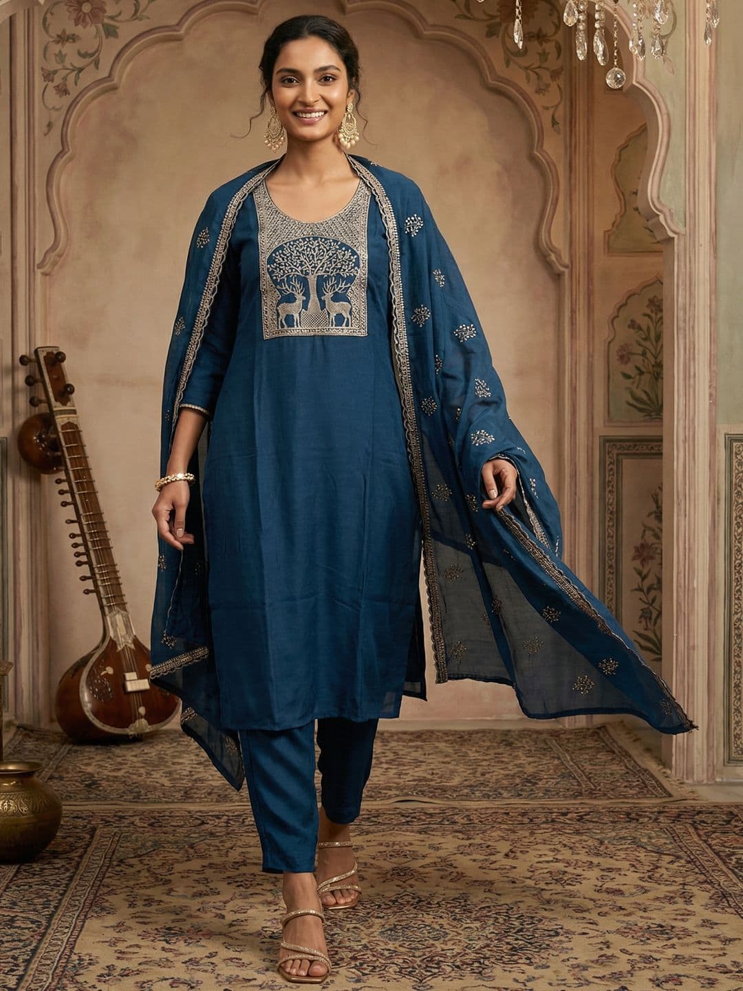 Anouk Women Ethnic Motifs Embroidered Regular Thread Work Kurta with Trousers & With Dupatta - view 1