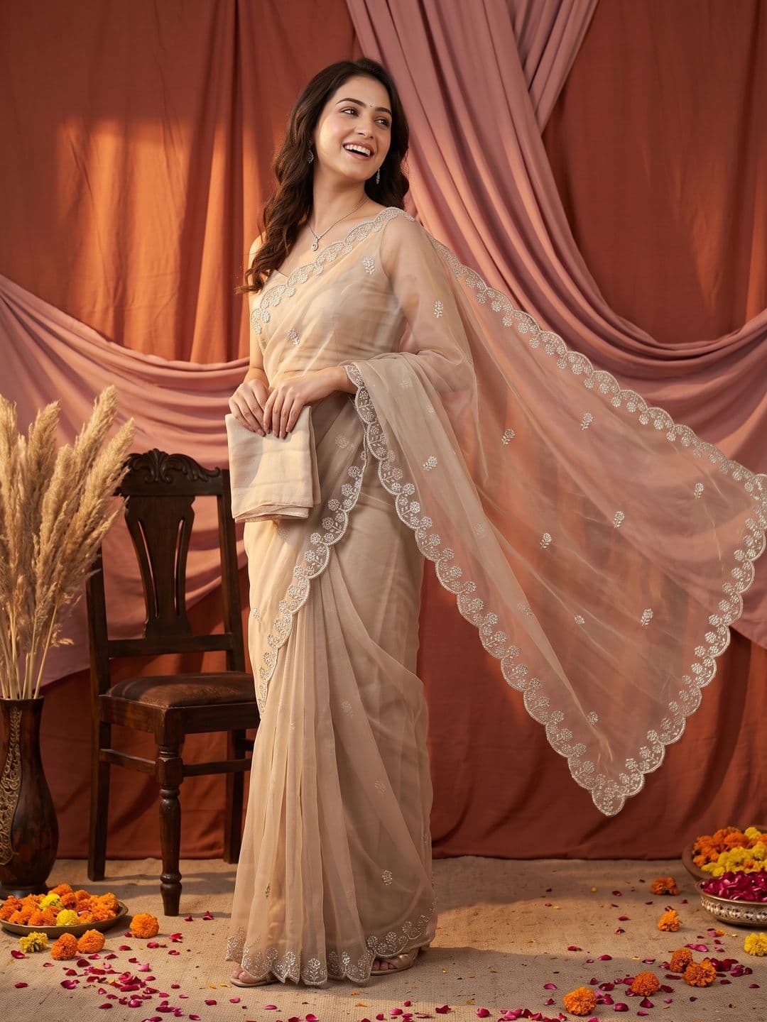 Peachmode Embellished Embroidered Net Heavy Work Saree - view 1