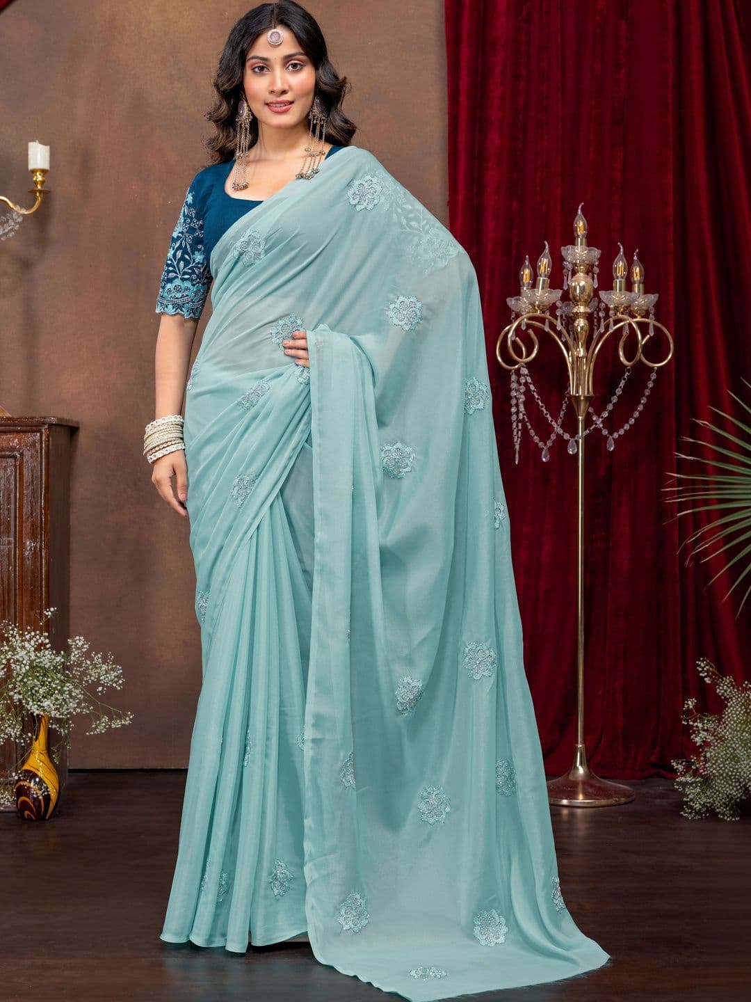 Vastra Drape Floral Embroidered Poly Georgette Saree - view 1