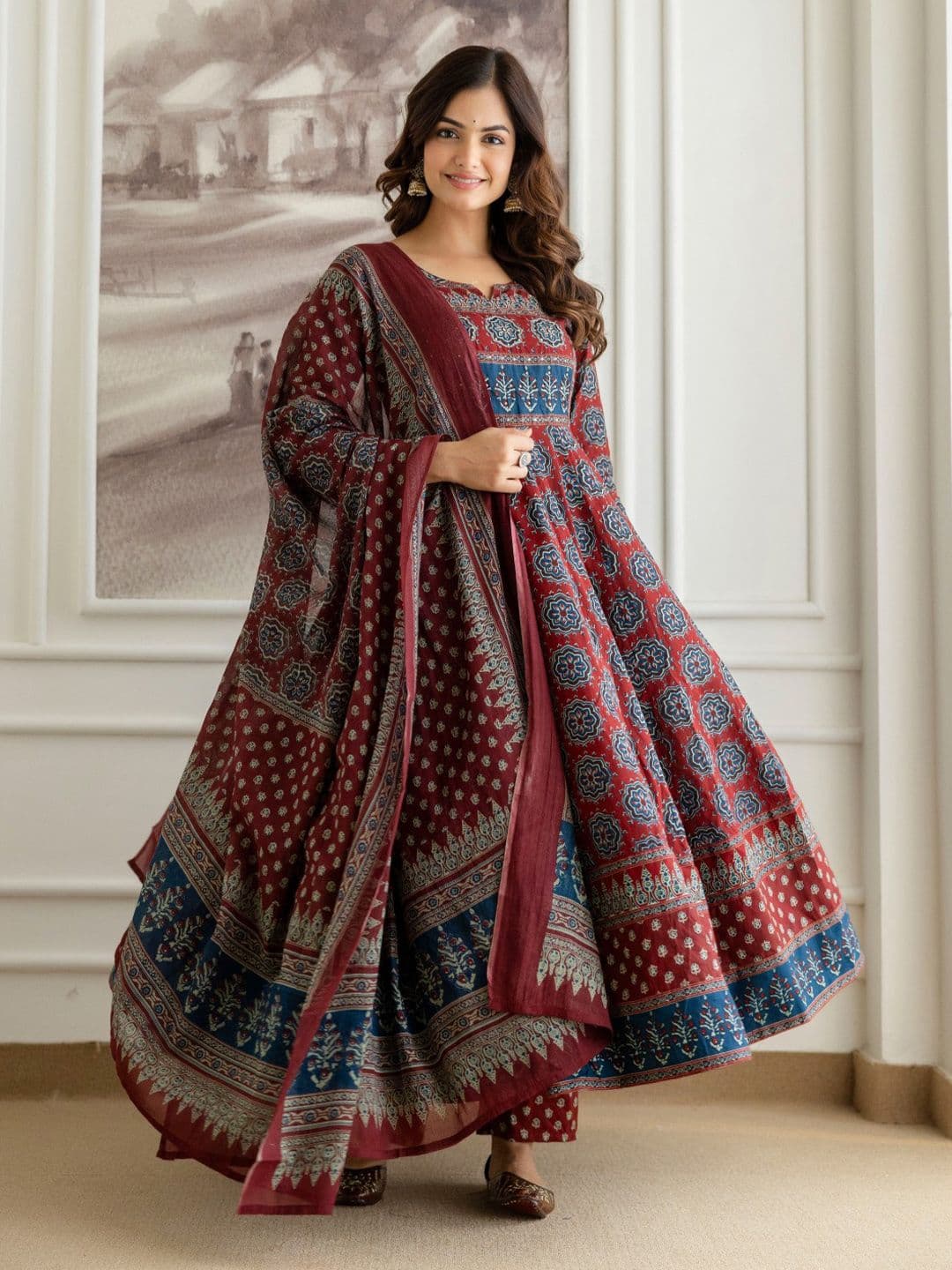 Anouk Printed Round Neck Tiered Pure Cotton Anarkali Kurta With Trousers & Dupatta - view 1