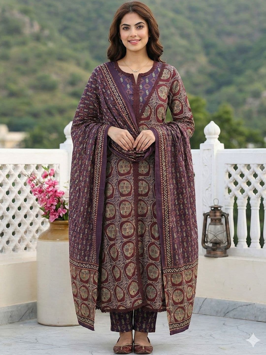 Anouk Women Ethnic Motifs Printed Regular Patchwork Pure Cotton Kurta with Trousers & With Dupatta - view 1