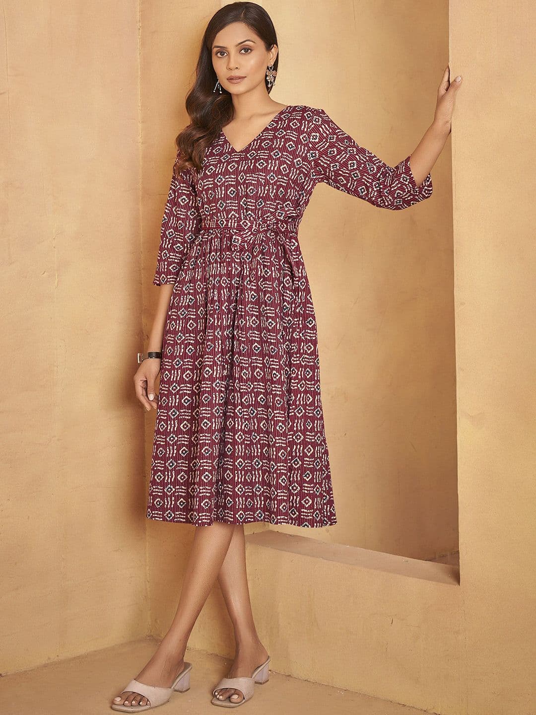 Anouk Printed Belted Pure Cotton Fit & Flare Dress - view 1