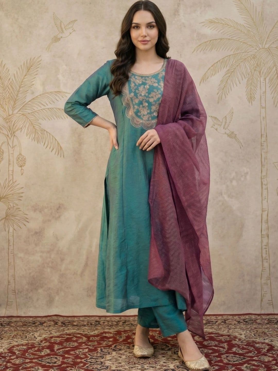 Sangria Women Ethnic Motifs Embroidered Regular Kurta with Trousers & With Dupatta - view 1