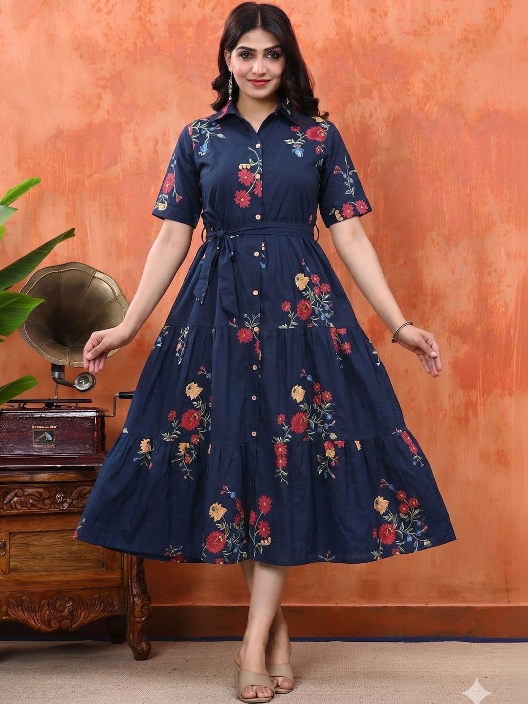Sangria Floral Print A-Line Midi Dress - view 1