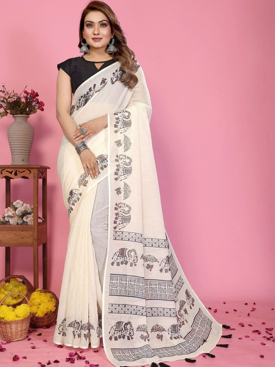 DIVASTRI Kalamkari Linen Blend Designer Saree - view 1