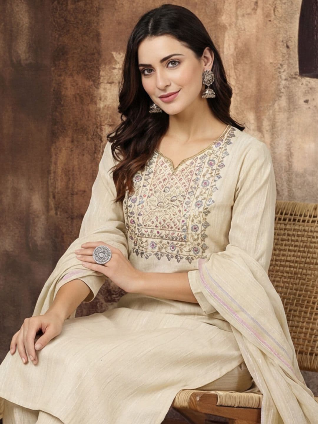 Anouk Women Printed Regular Mirror Work Pure Cotton Kurta with Trousers & With Dupatta - view 1