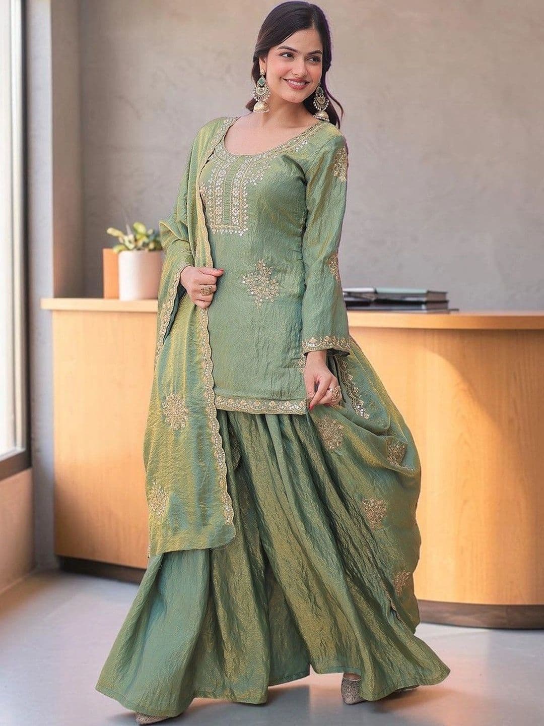 KALINI Women Ethnic Motifs Embroidered Regular Kurta with Sharara & With Dupatta - view 1