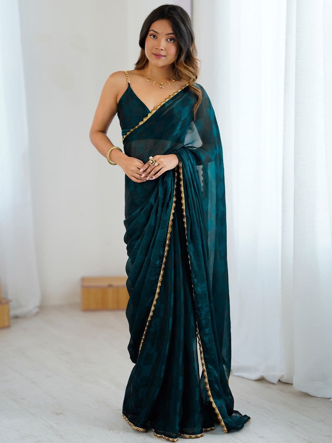 Anouk Teal Embellished Pure Chiffon Sarees - view 1
