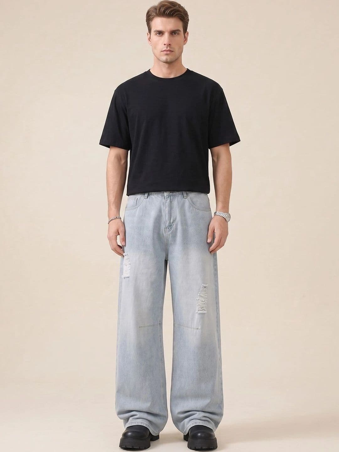 StyleCast x Revolte Men Wide Leg Mid-Rise Highly Distressed Light Fade Jeans - view 1