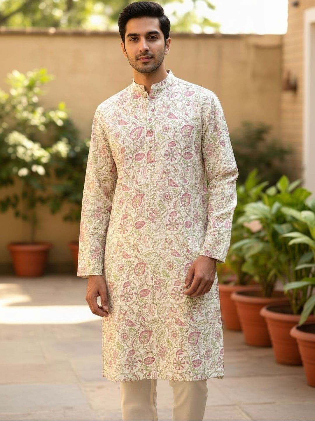 Anouk Floral Printed Mandarin Collar Linen Kurta - view 1