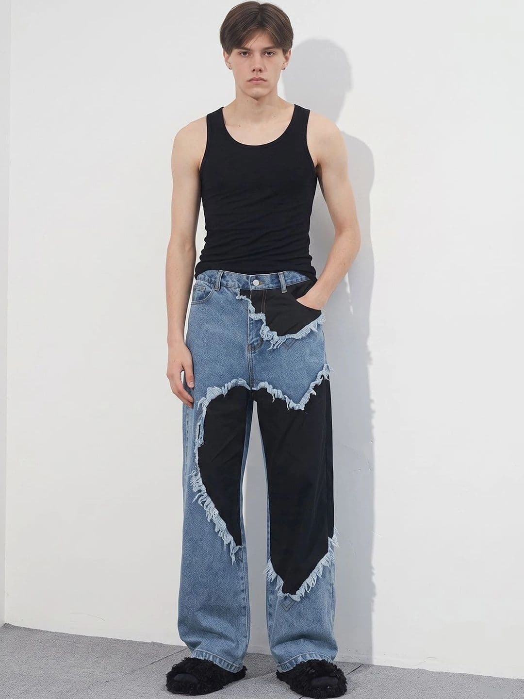 StyleCast x Revolte Men Wide Leg Mid-Rise Highly Distressed Heavy Fade Colourblocked Jeans - view 1