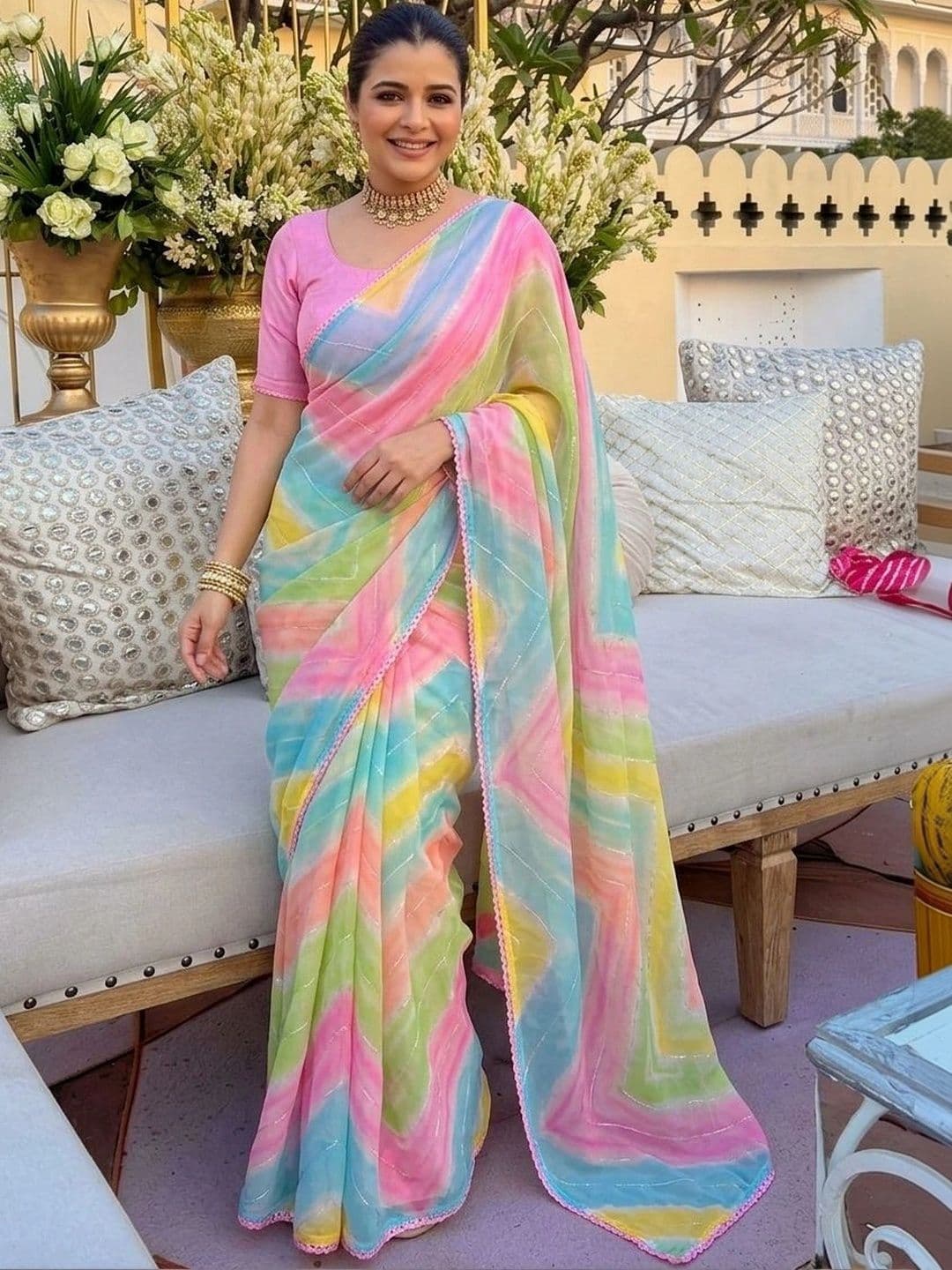 Sangria Ethnic Motifs Gotta Patti Pure Georgette Fusion Leheriya Saree - view 1