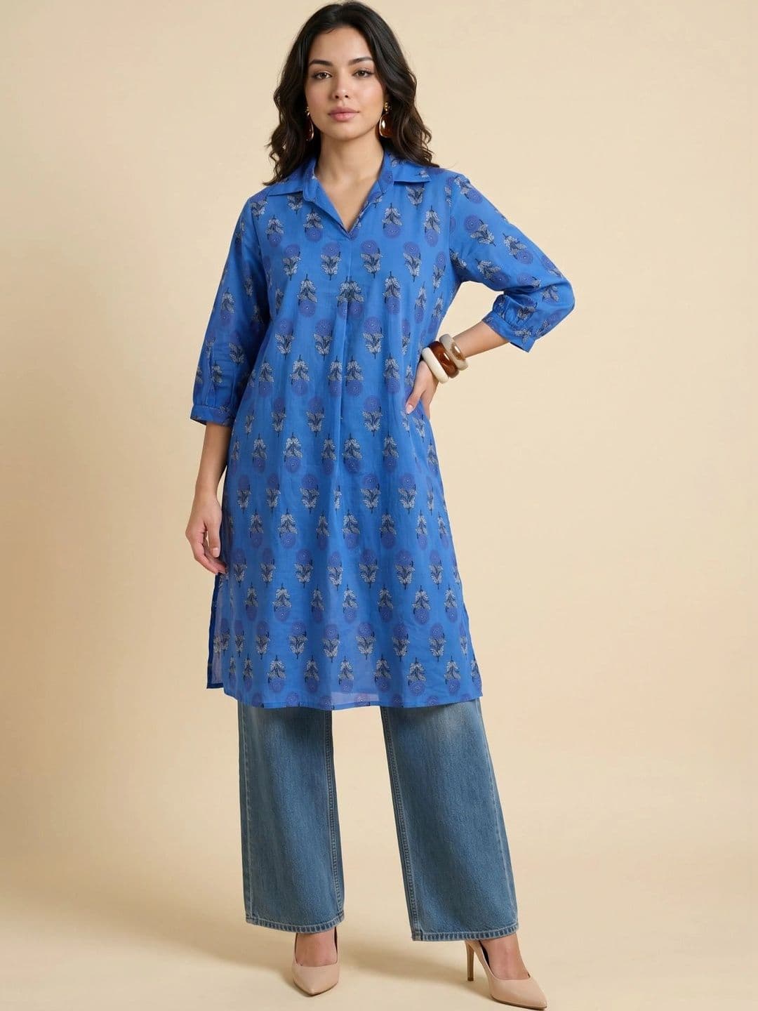 Sangria Women Blue Cotton Floral Printed Shirt Collar Knee Length Kurta - view 1