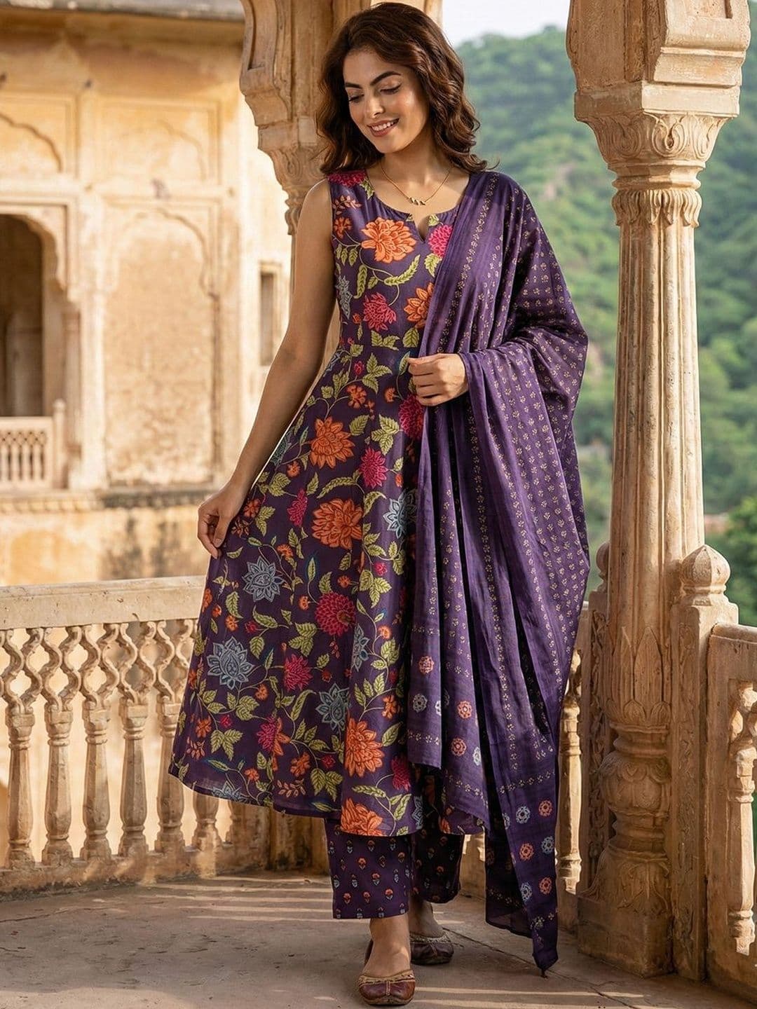 Anouk Women Floral Printed Panelled Pure Cotton Kurta with Trousers & With Dupatta - view 1