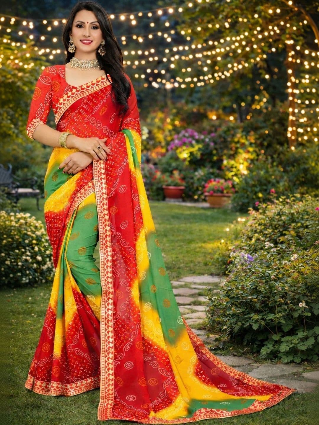 KANURIKAA Tie and Dye Poly Georgette Bandhani Saree - view 1