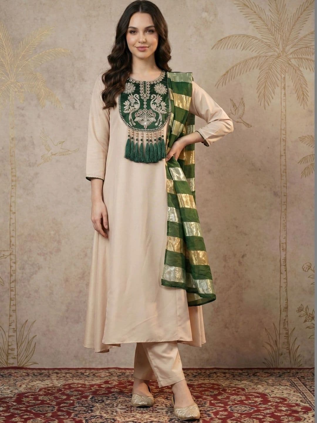 Sangria Women Ethnic Motifs Embroidered Regular Thread Work Kurta with Trousers & With Dupatta - view 1