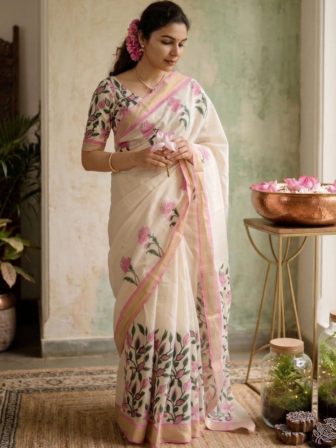 AmiFashion Floral Zari Pure Linen Designer Saree - view 1
