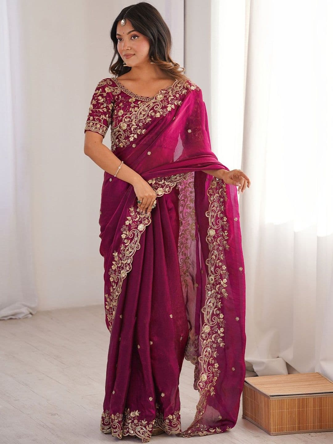 Anouk Embellished Embroidered Satin Heavy Work Saree - view 1