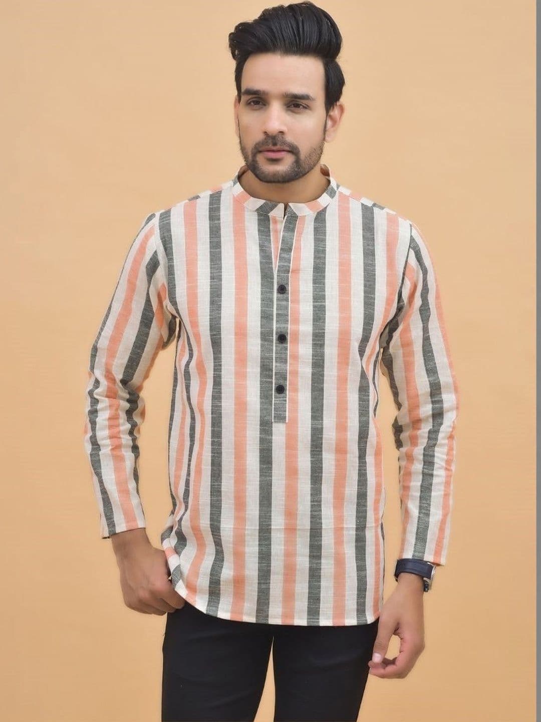 Anouk Mirage Men Striped Flared Sleeves Thread Work Handloom Kurta - view 1