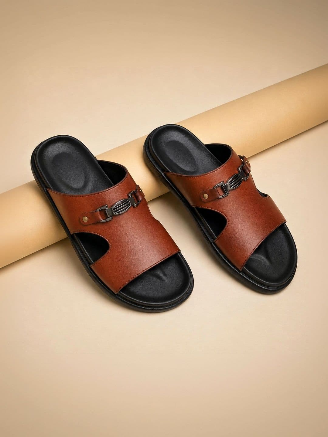 Bxxy Men Tan Premium Faux Leather Slide Flat Sandal - view 1