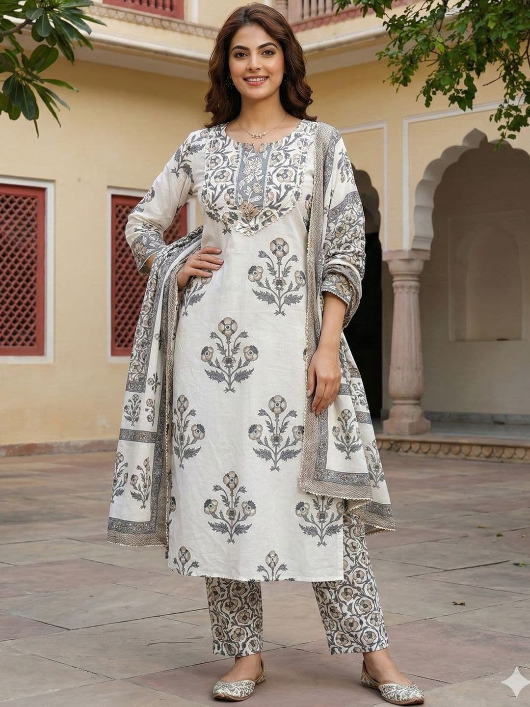 Anouk Women Floral Printed Regular Mirror Work Pure Cotton Kurta with Trousers & With Dupatta - view 1