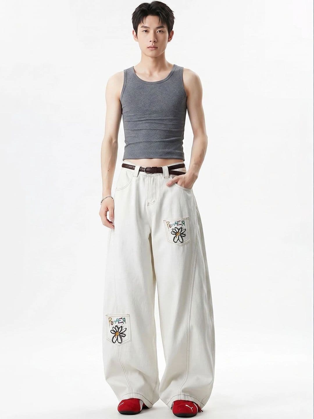 StyleCast x Revolte Men Wide Leg Mid-Rise Embroidered Jeans - view 1