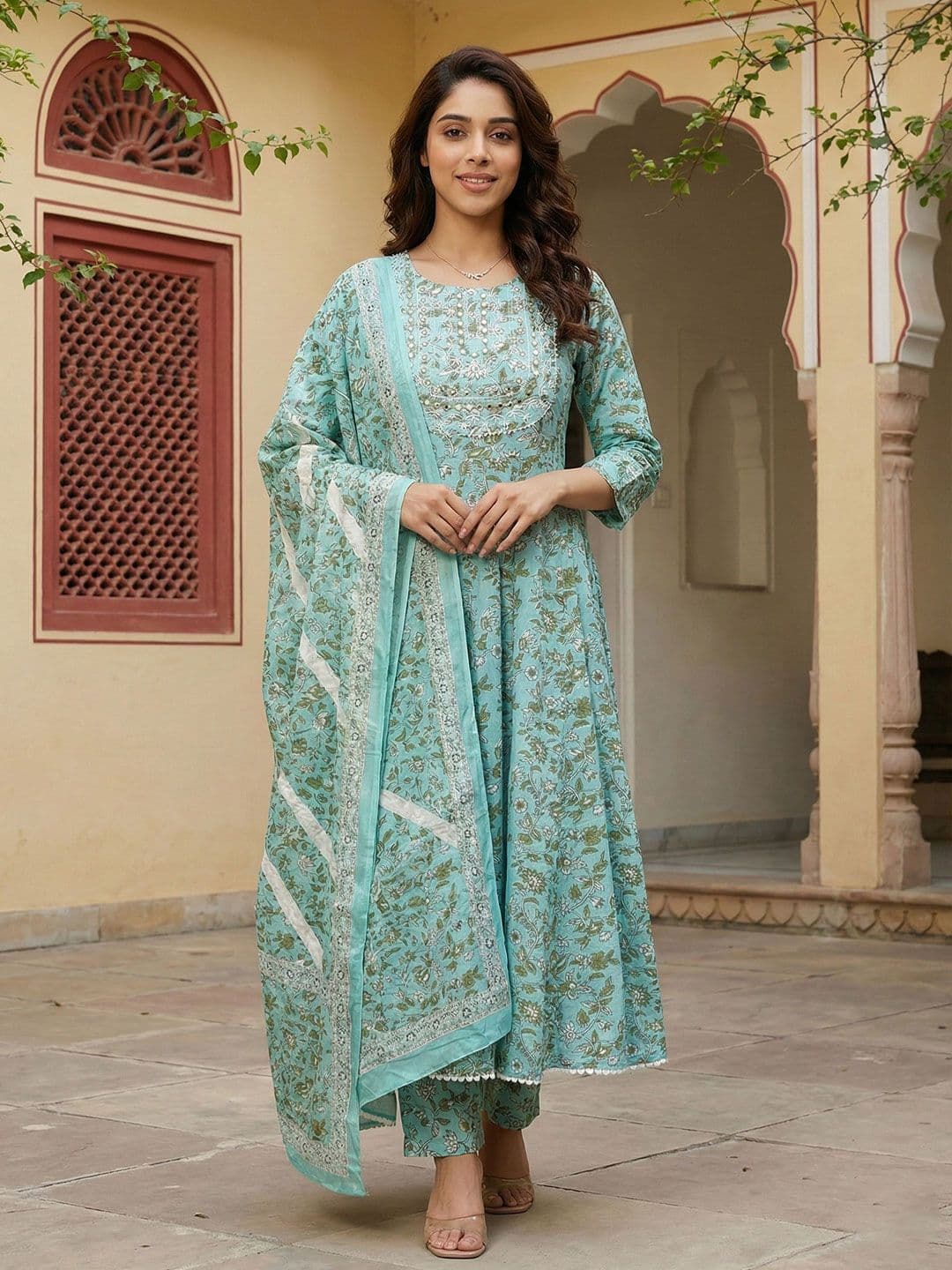 Anouk Women Floral Printed Empire Thread Work Pure Cotton Kurta with Trousers & With Dupatta - view 1