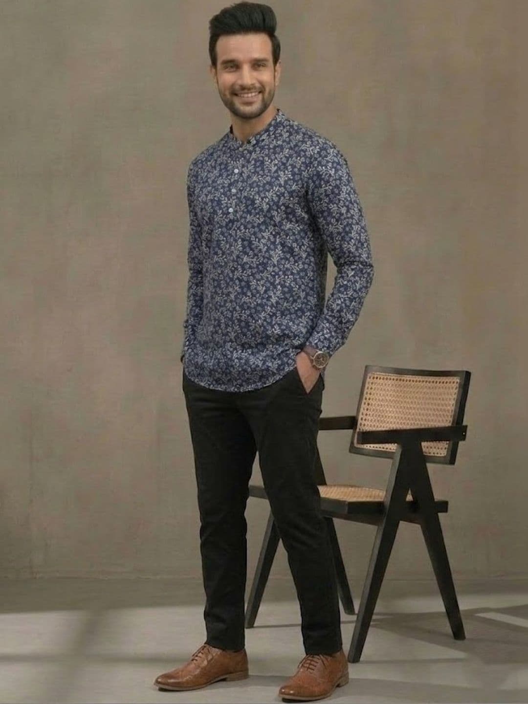 Anouk Mirage Floral Embellished Mandarin Collar Thread Work Cotton Pathani Kurta - view 1