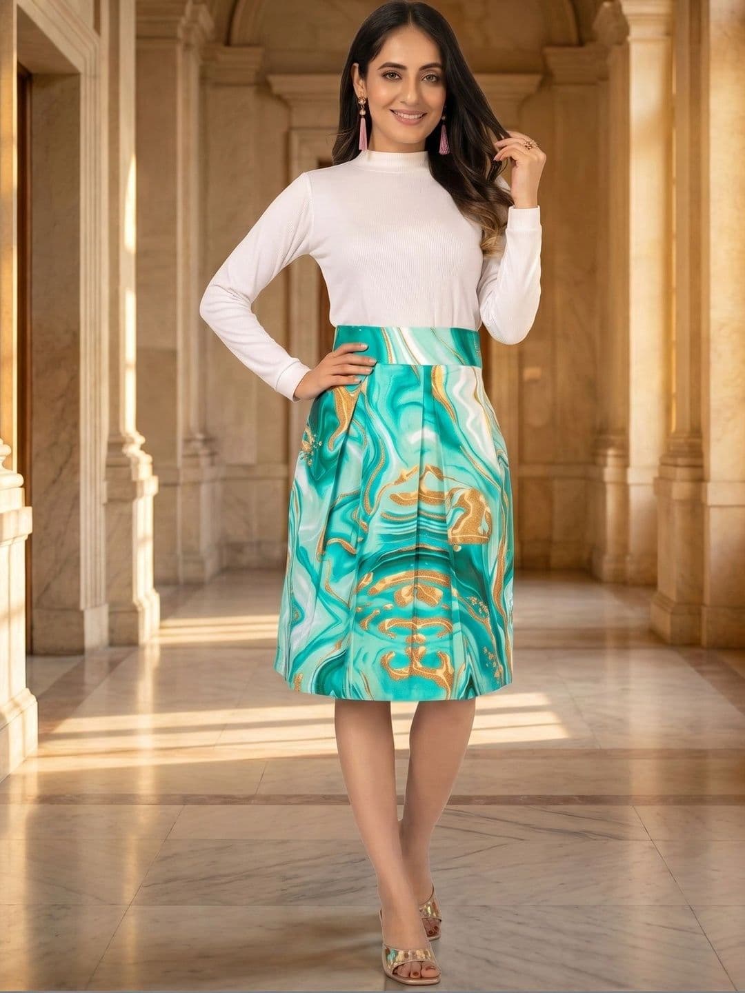 ZELZIS Women Cotton Cambric Abstract Knee Length Flared Skirt - view 1