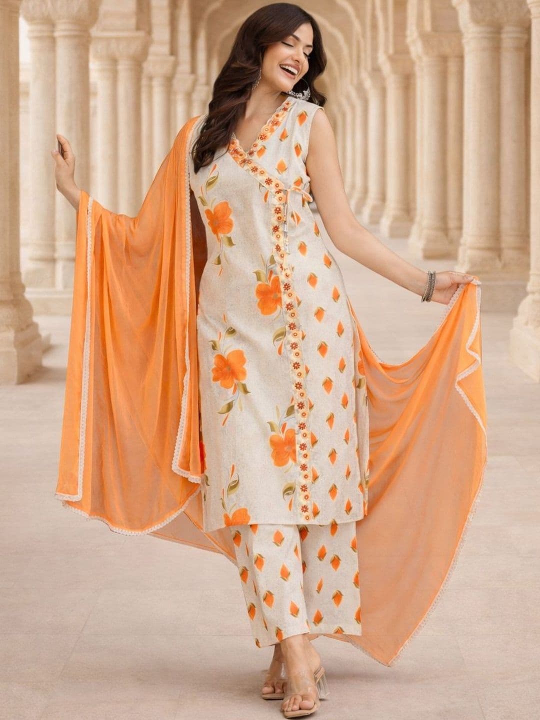 Anouk Mirage Women Floral Printed Angrakha Thread Work Pure Cotton Kurta with Trousers & With Dupatta - view 1