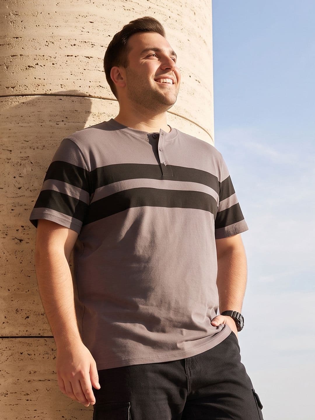 Sztori Plus Size Striped Henley Neck Pure Cotton T-shirt - view 1