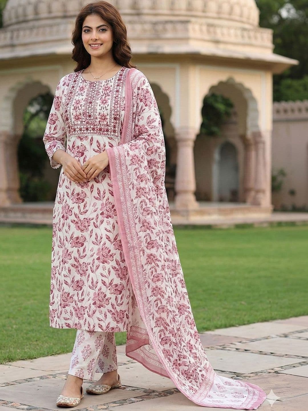 Anouk Women Floral Printed Regular Thread Work Pure Cotton Kurta with Trousers & With Dupatta - view 1