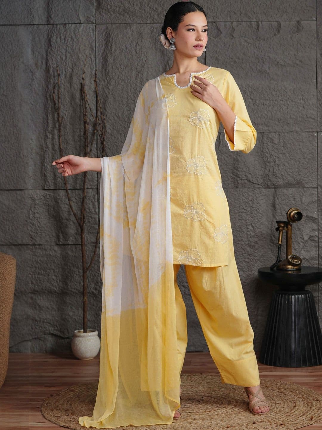 Anouk Women Floral Embroidered Regular Thread Work Pure Cotton Kurta Farshi Salwar with Dupatta - view 1