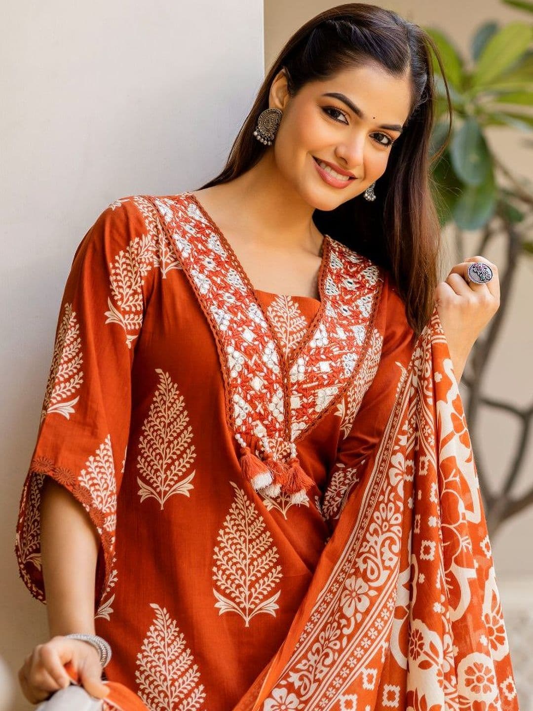 Anouk Women Ethnic Motifs Printed Regular Thread Work Pure Cotton Kurta with Palazzos & With Dupatta - view 1