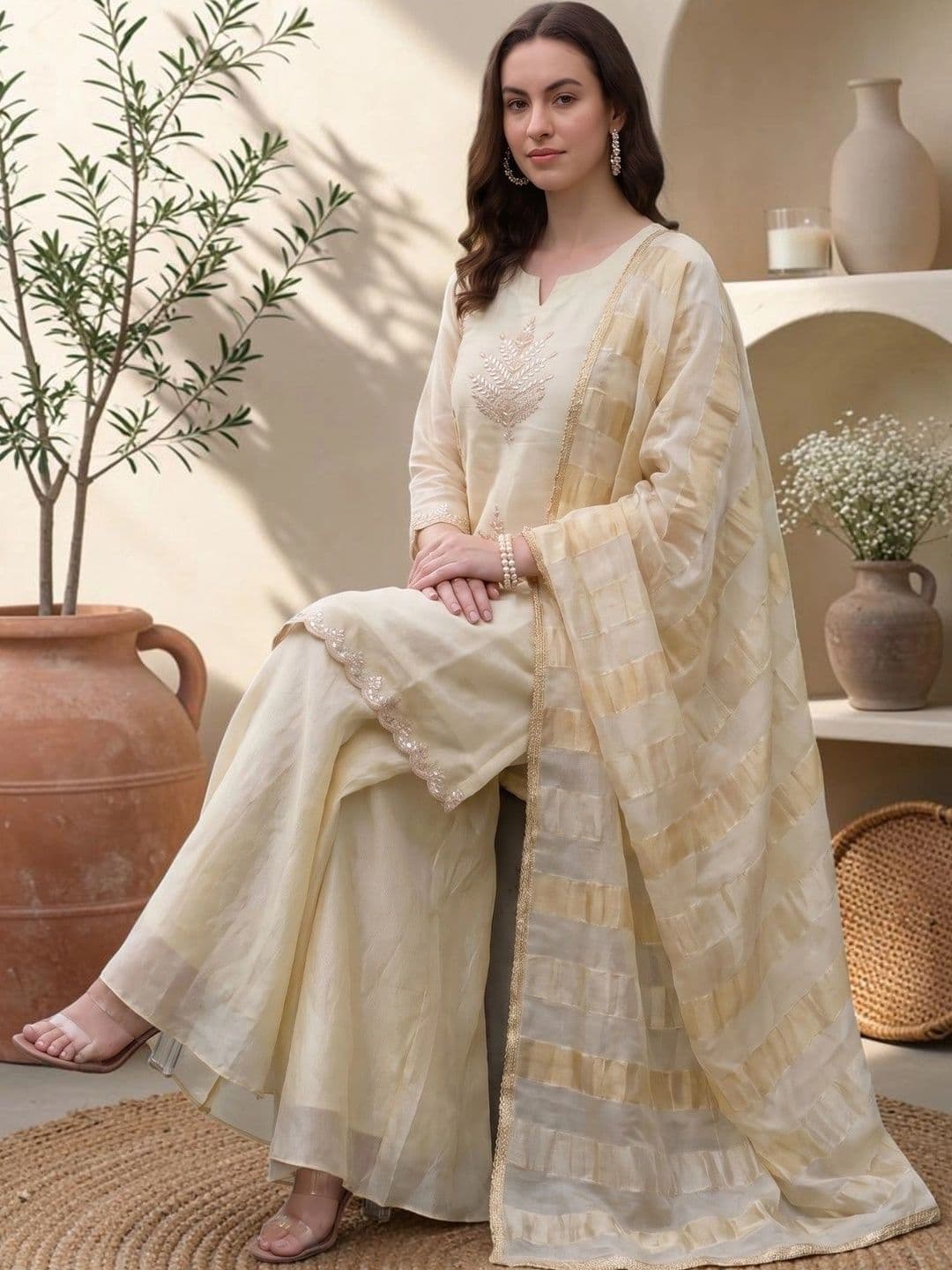 Sangria Women Ethnic Motifs Embroidered Regular Sequinned Silk Chiffon Kurta with Palazzos & With Dupatta - view 1