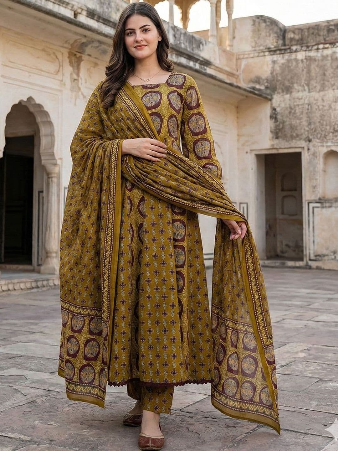 Anouk Women Ethnic Motifs Printed Regular Patchwork Pure Cotton Kurta with Trousers & With Dupatta - view 1