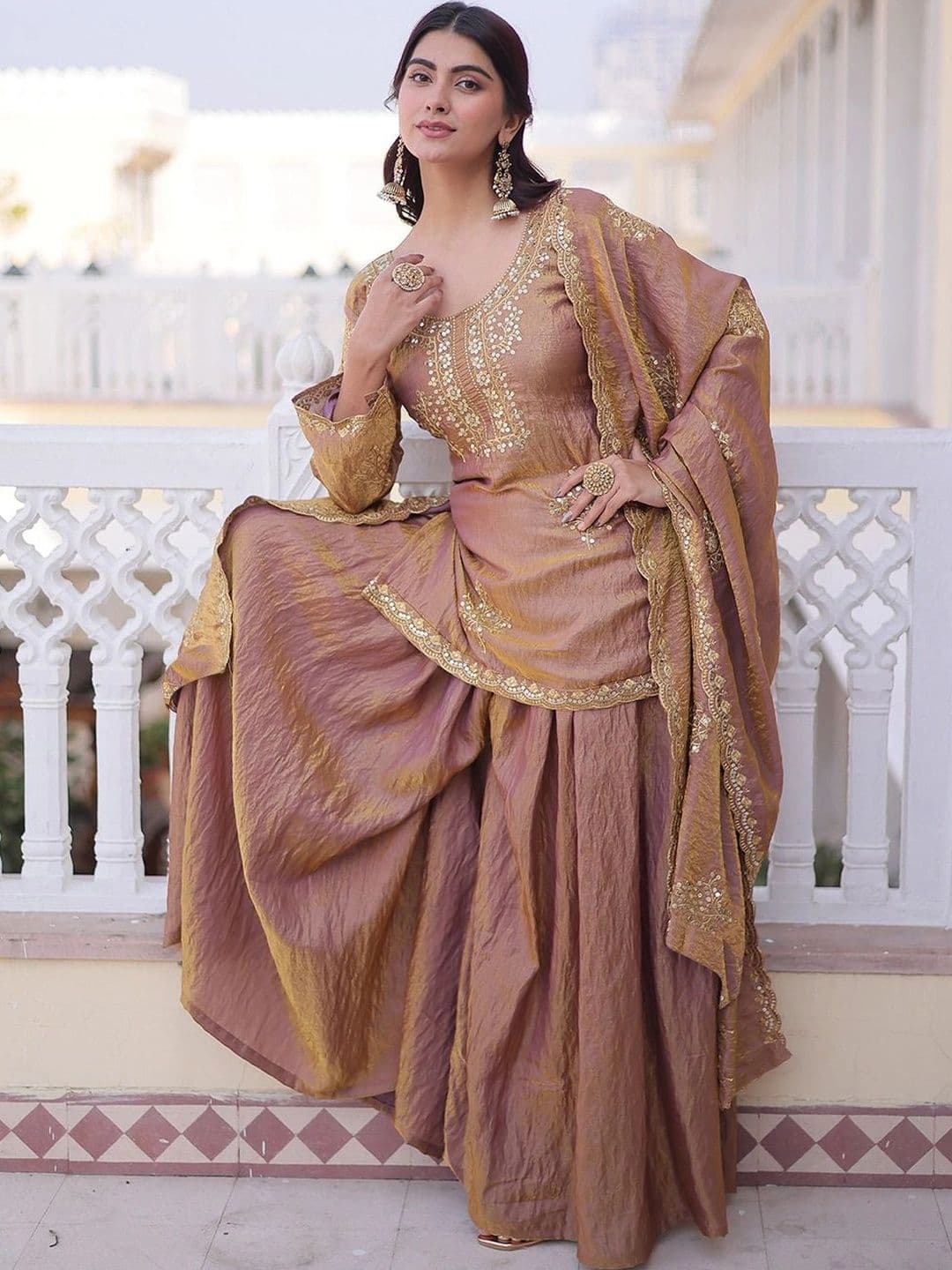 Koodii Designers Women Ethnic Motifs Embroidered Regular Sequinned Kurta with Sharara & With Dupatta - view 1