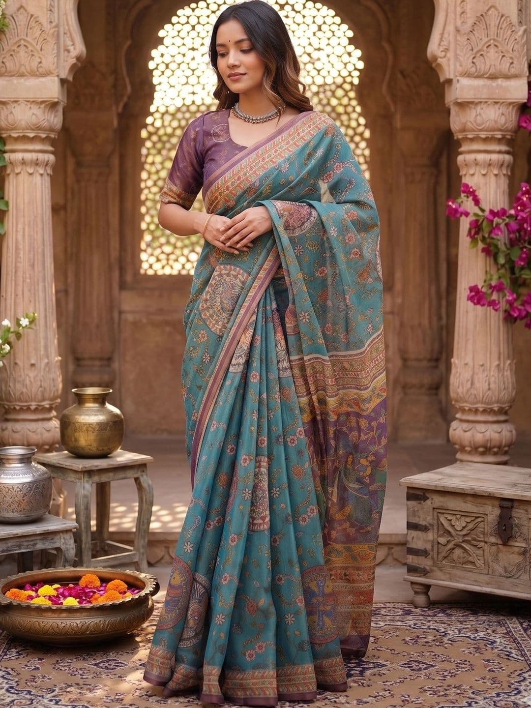 AJ FASHION PLUS Kalamkari Zari Pure Linen Designer Saree - view 1