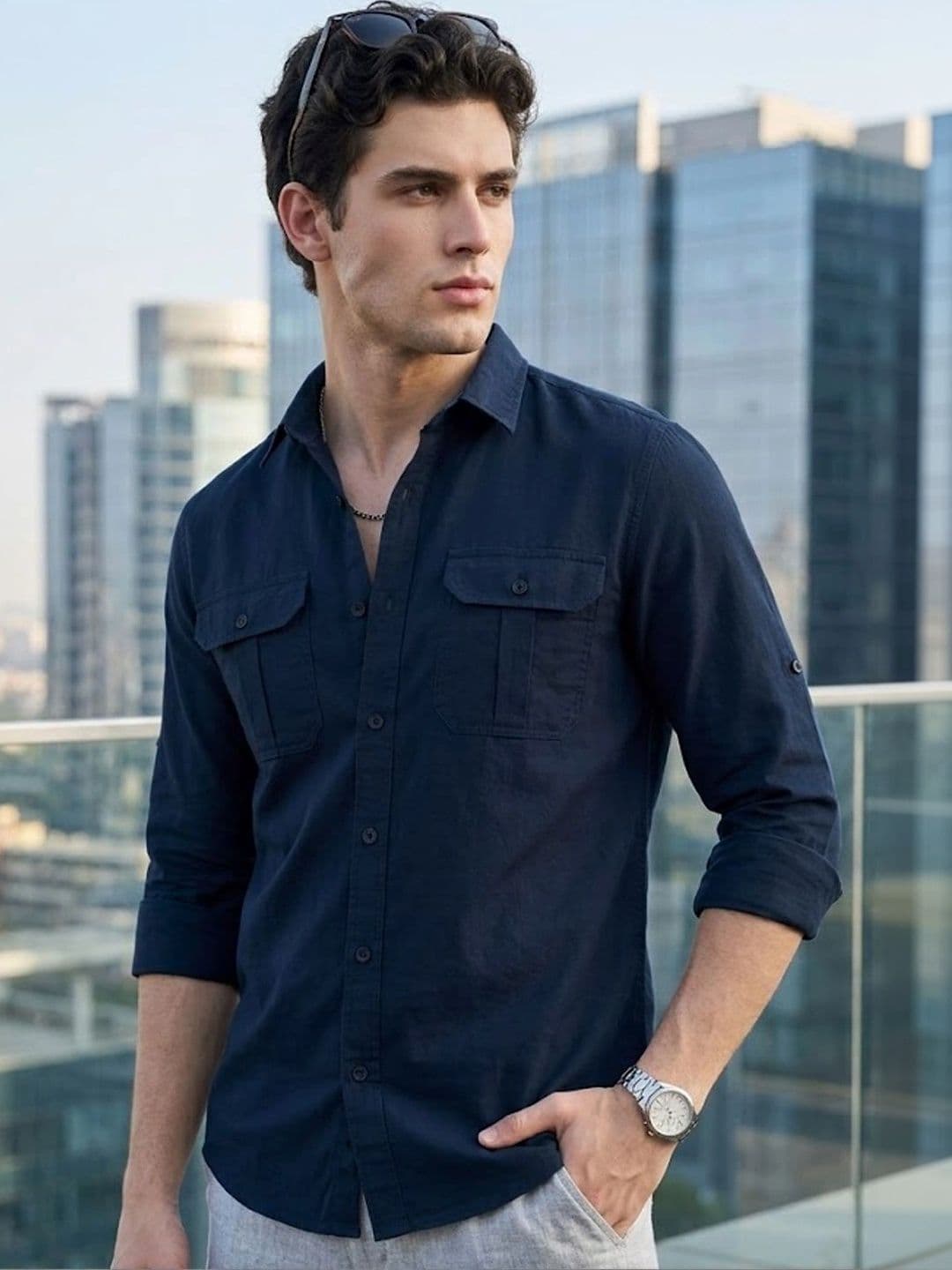 Urbano Fashion Men Spread Collar Solid Cotton Casual Shirt - view 1