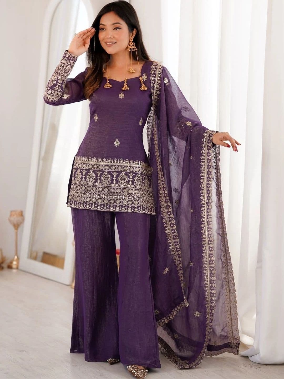 KALINI Women Ethnic Motifs Embroidered Regular Sequinned Kurta with Palazzos & With Dupatta - view 1
