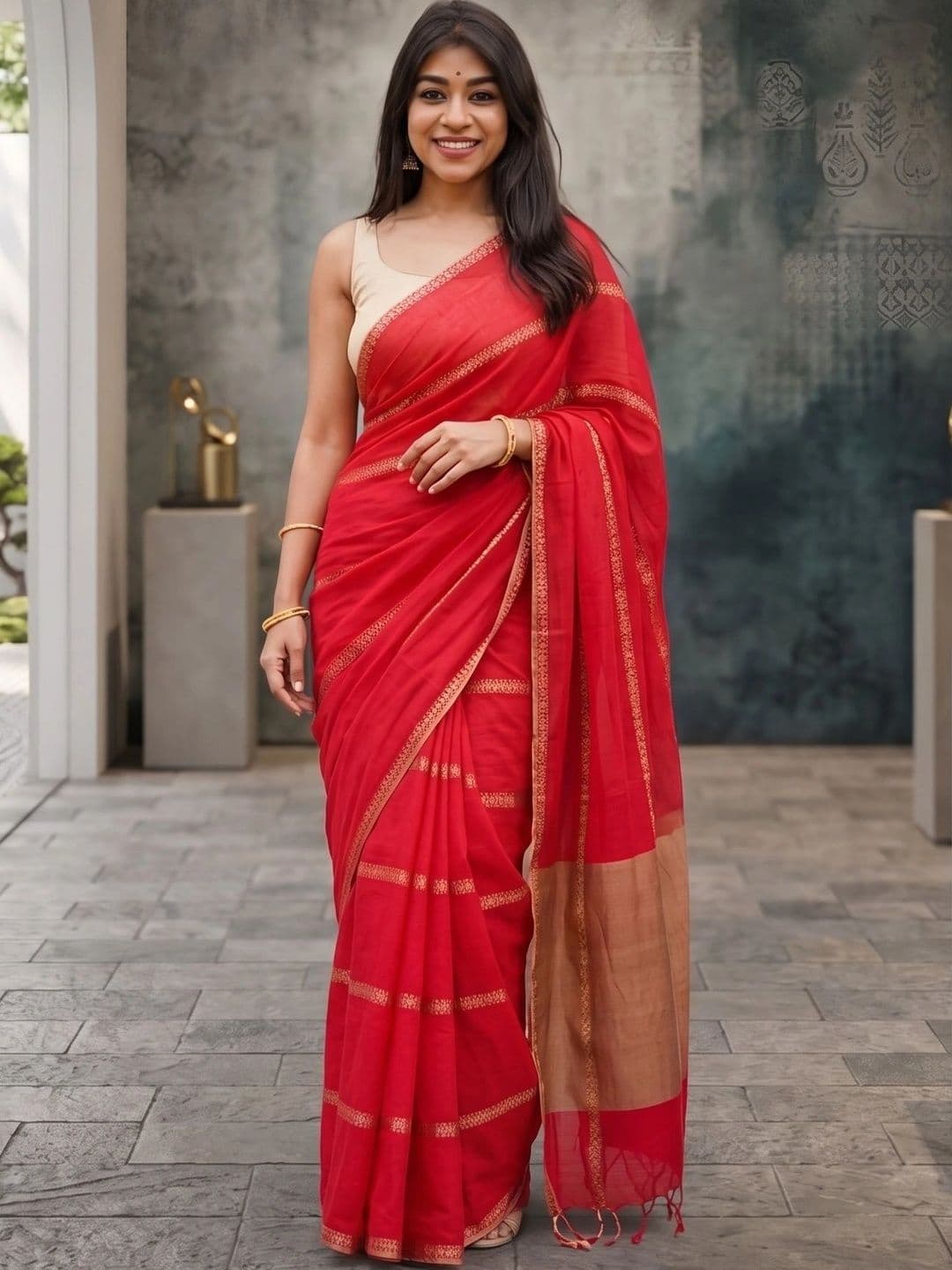 AJ FASHION PLUS Striped Zari Pure Linen Designer Saree - view 1