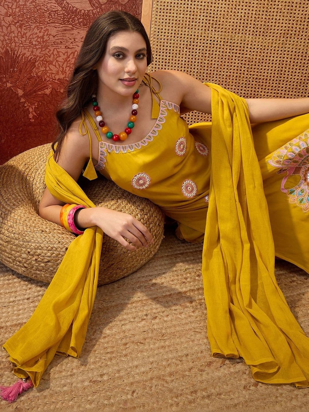 Sangria Women Ethnic Motifs Embroidered Regular Thread Work Pure Cotton Kurta with Palazzos & With Dupatta - view 1