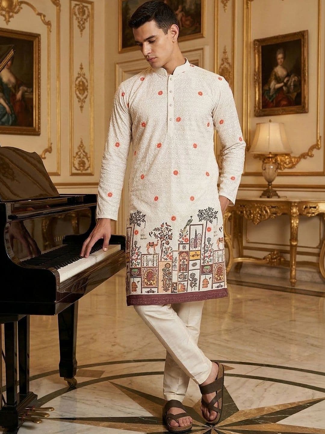 Anouk Men's Embroidered Printed Mandarin Collar Long Kurta - view 1