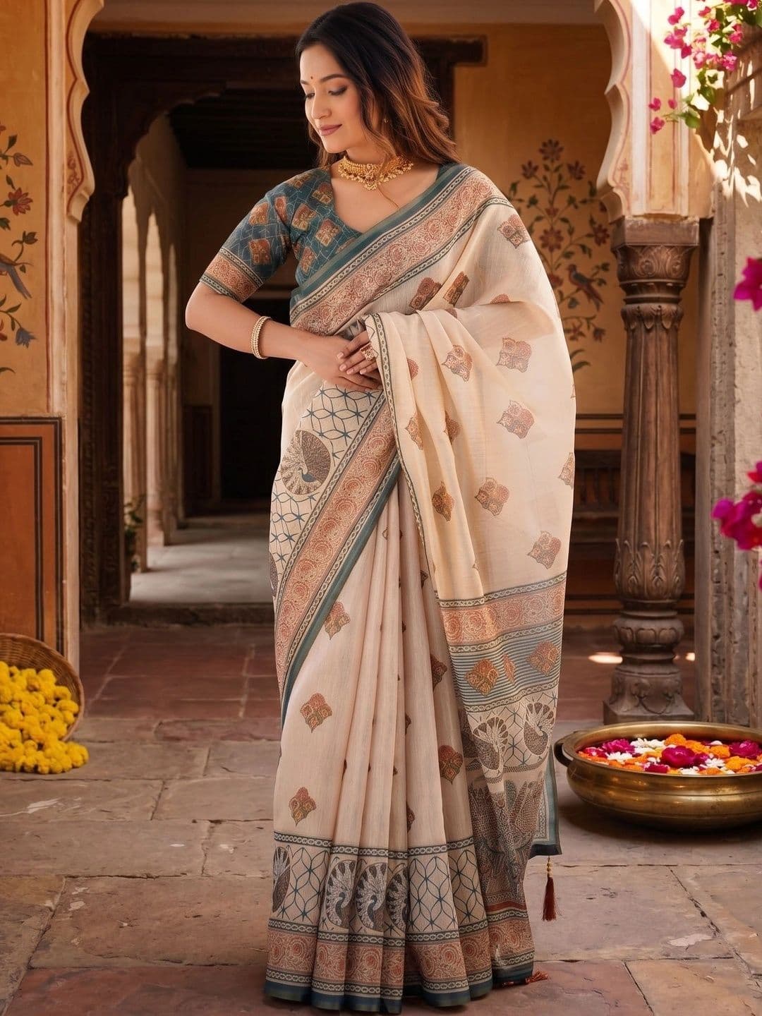 AJ FASHION PLUS Ethnic Motifs Zari Pure Linen Designer Saree - view 1