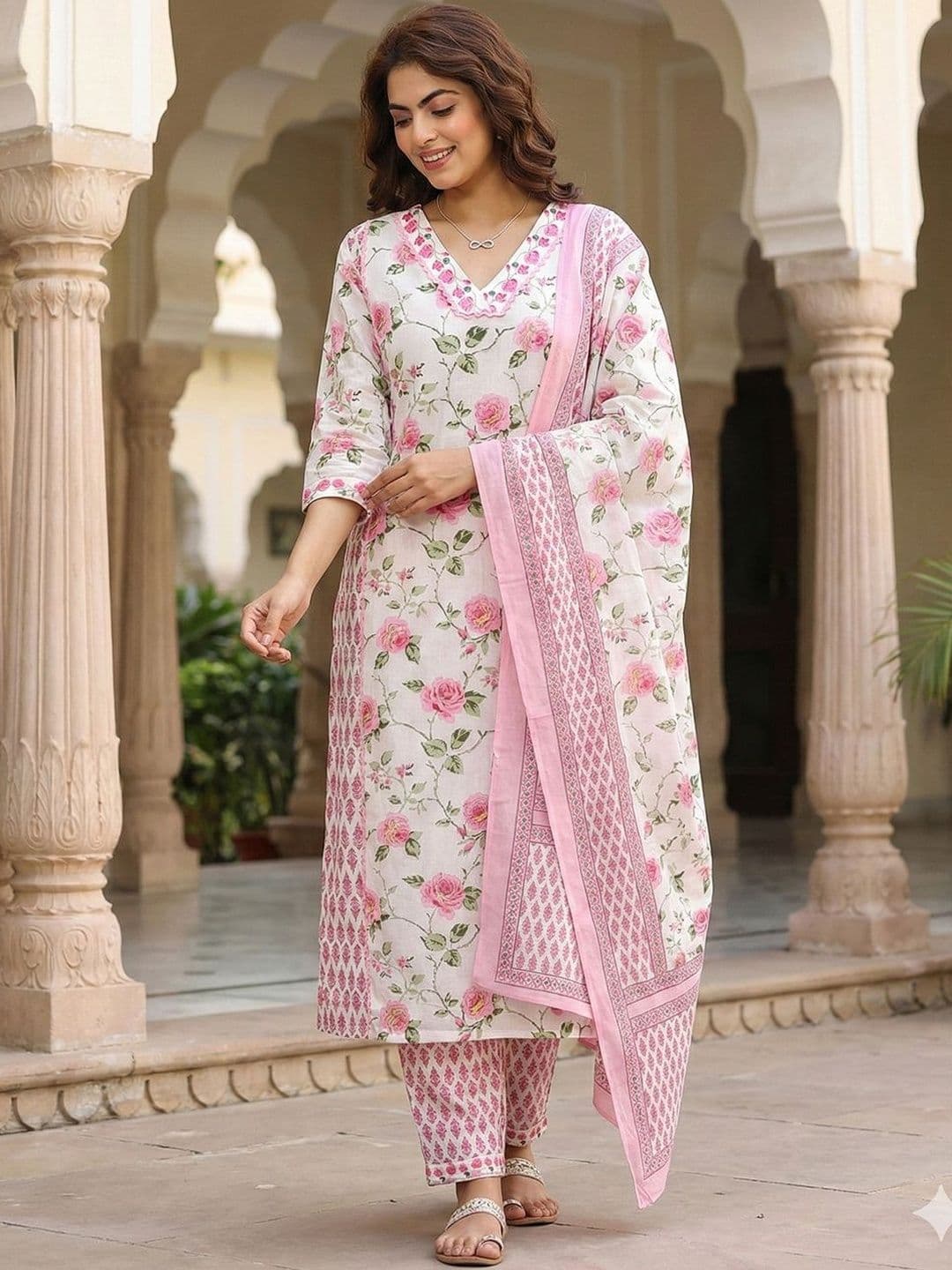Anouk Women Floral Printed Regular Thread Work Pure Cotton Kurta with Trousers & With Dupatta - view 1
