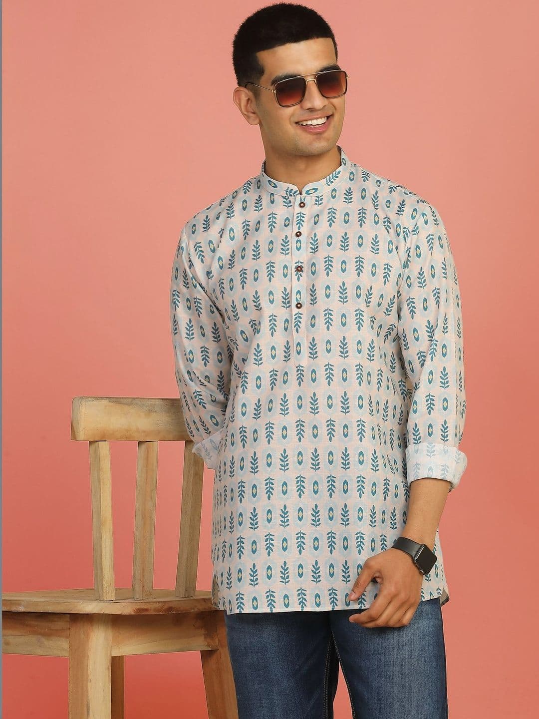 Anouk Mirage Floral Printed Blue Roll-Up Sleeve Short Kurta - view 1