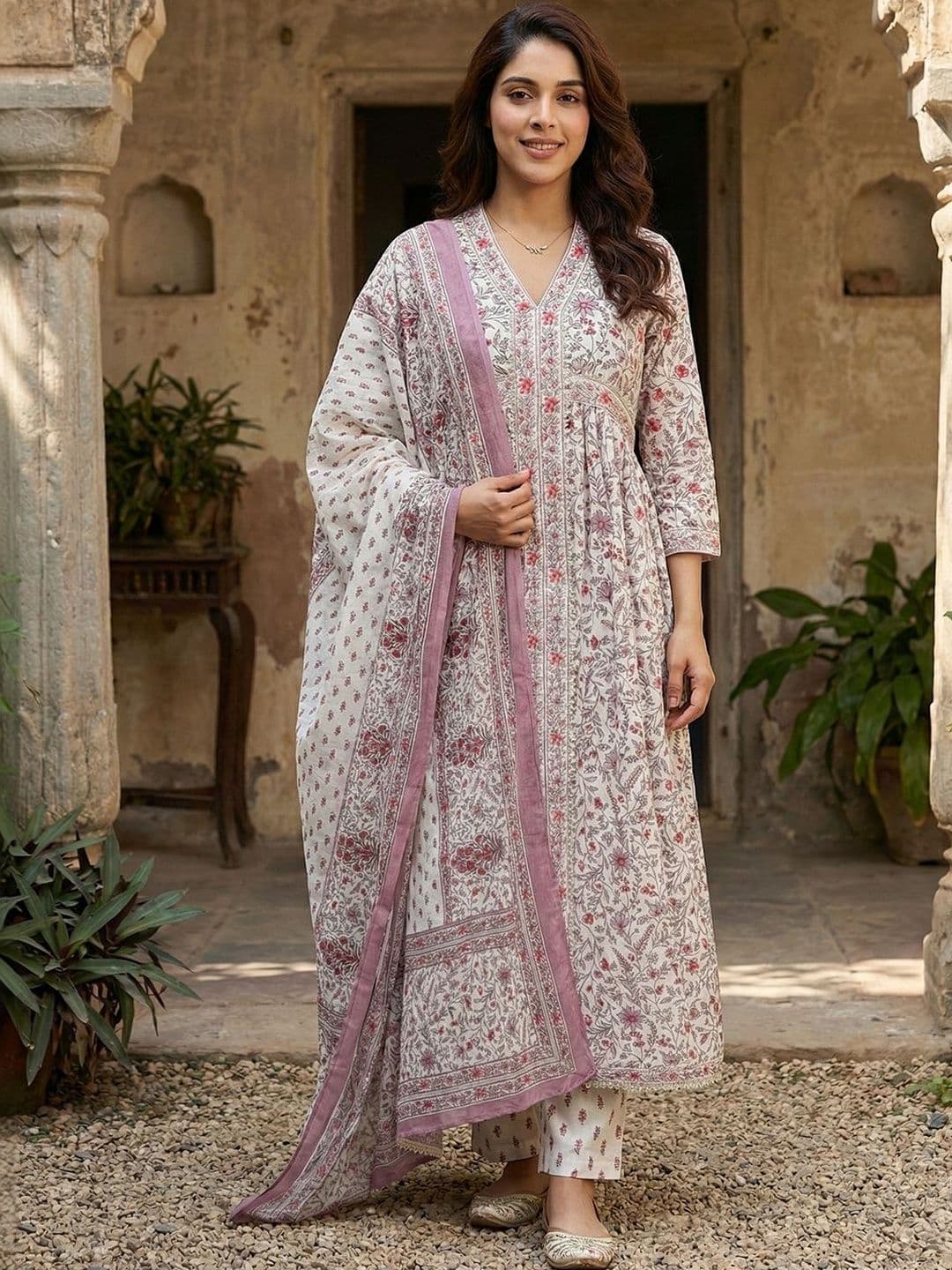 Anouk Women Floral Printed Empire Pure Cotton Kurta with Trousers & With Dupatta - view 1